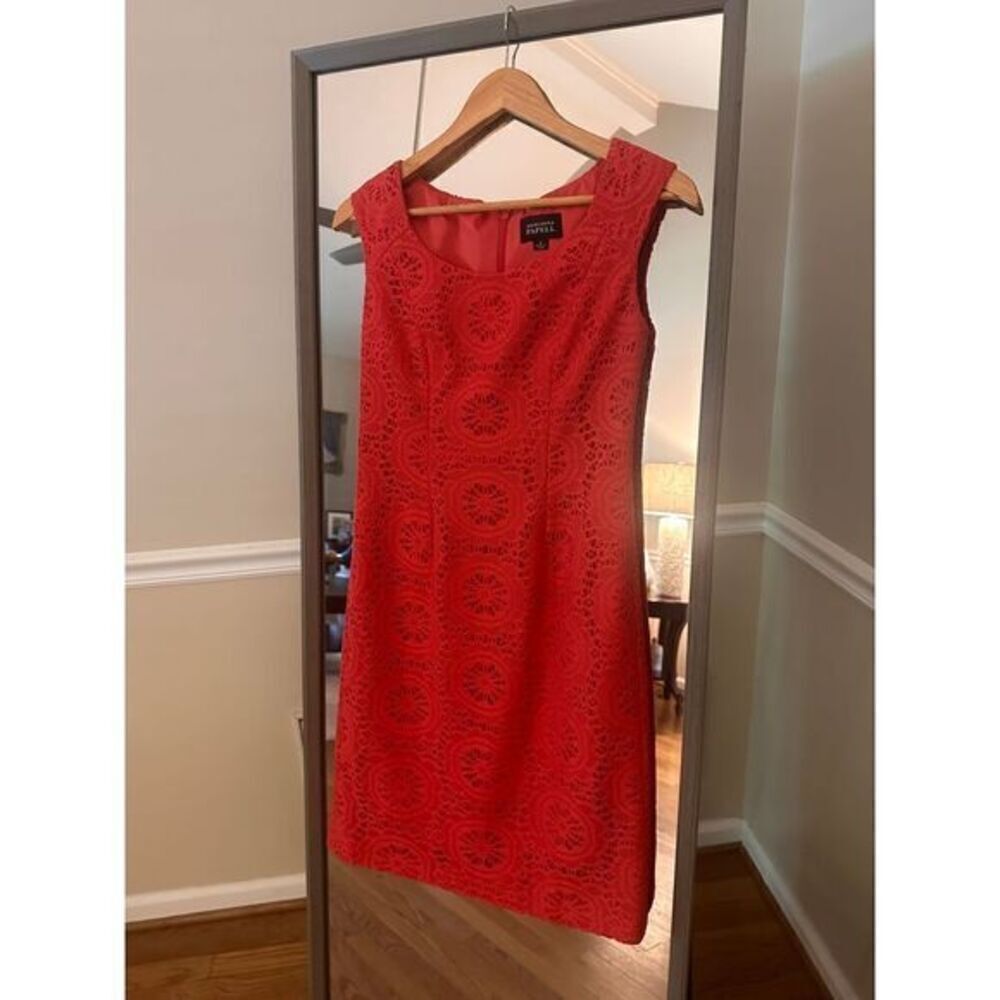 Adrienne Papell Coral Lace Sheath Dress Size 4 Elegant Sleeveless Cocktail Party
